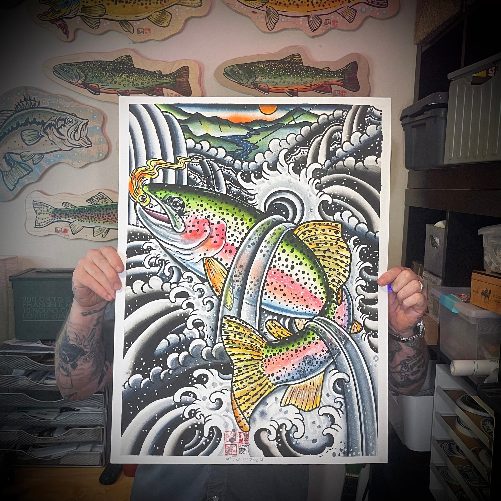 ‘ NIJIMASU” Irezumi Style  RAINBOW TROUT  giclée print  18” x 24” LIMITED EDITION