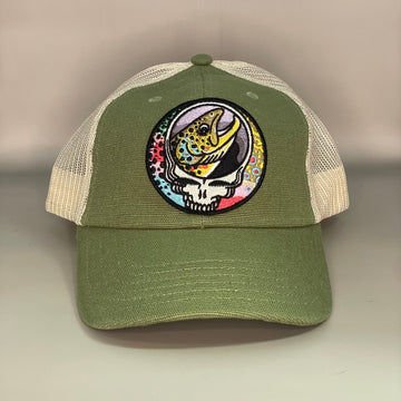 Steal Your Face Trout Trio ECOnscious Washed  HEMP blend Olive  Trucker Hat  embroidered patch fishing hat FREE SHIPPING