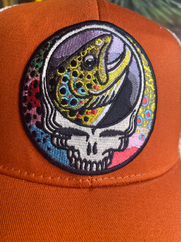 Steal Your Face Trout Trio ECOnscious ECO Recycled Steal Your Face Trout Trio Picante Orange Trucker Hat  embroidered patch fishing hat