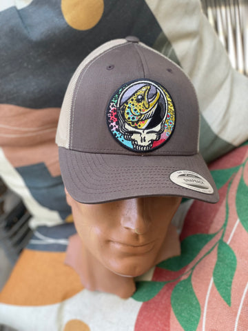 Steal Your Face Trout Trio Trucker Hat brown/khaki retro embroidered fishing hat FREE SHIPPING