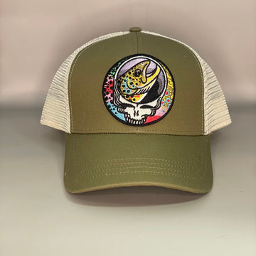 Steal Your Face Trout Trio ECOnscious ECO Recycled  light Olive Jungle Green  Trucker Hat  embroidered patch lucky fishing hat FREE SHIPPING