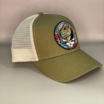 Steal Your Face Trout Trio ECOnscious ECO Recycled  light Olive Jungle Green  Trucker Hat  embroidered patch lucky fishing hat FREE SHIPPING