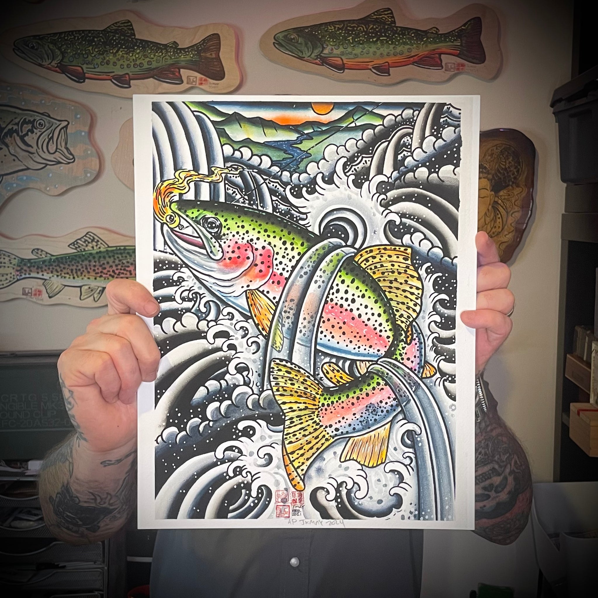 ‘ NIJIMASU” Irezumi Style  RAINBOW TROUT  giclée print  11” x 14” LIMITED EDITION