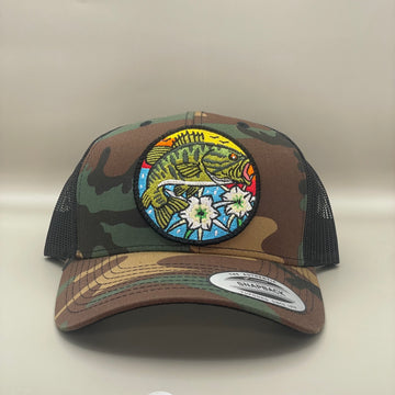 Bass w/ Lillies  Trucker Hat camo/black retro embroidered fishing hat FREE SHIPPING