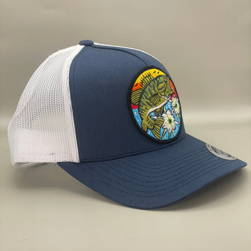Bass with Lillies Trucker Hat  navy/white retro embroidered fishing hat FREE SHIPPING