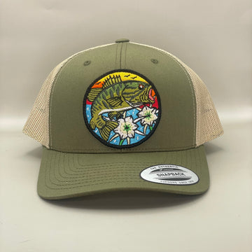 Bass w/ Lillies  Trucker Hat moss/khaki retro embroidered fishing hat FREE SHIPPING