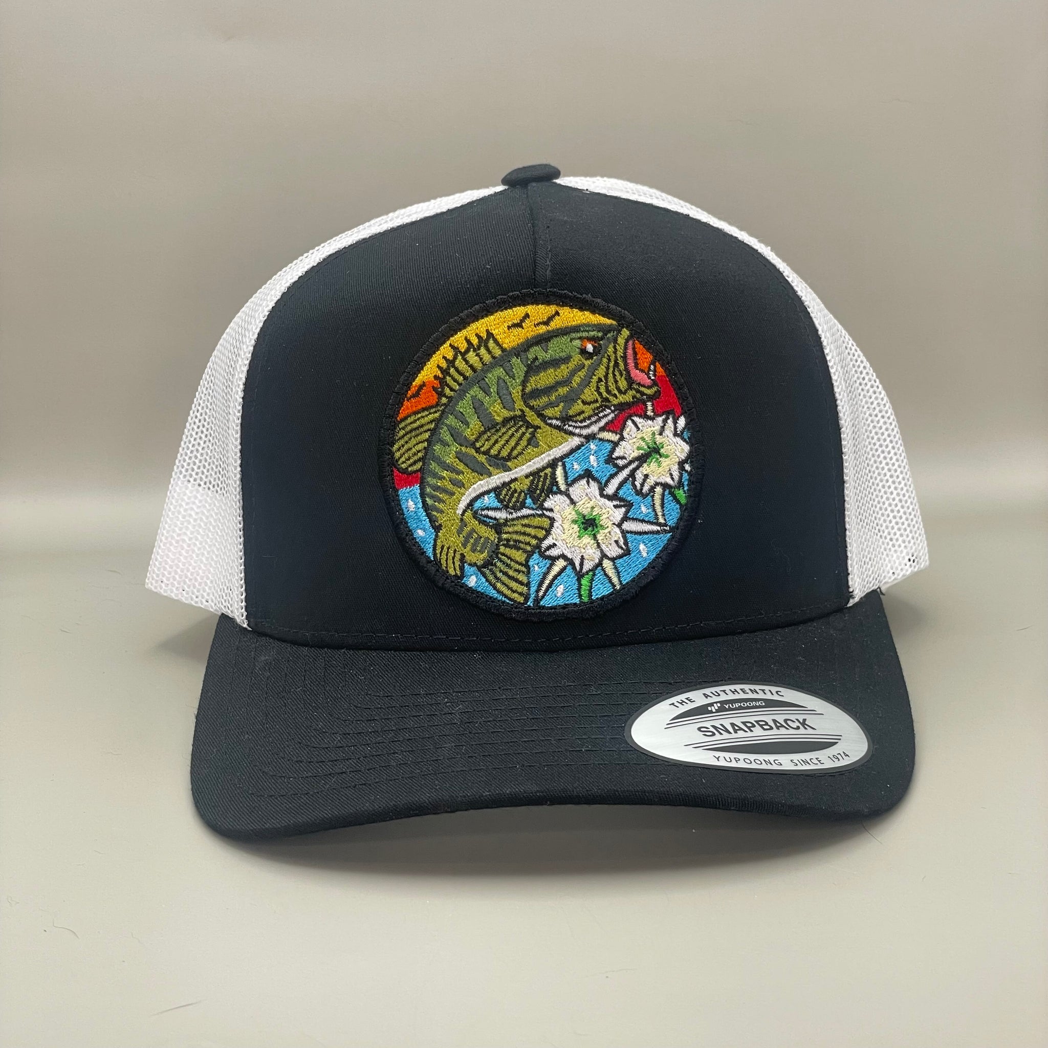 Bass with Lillies Trucker Hat  black/white retro embroidered fishing hat FREE SHIPPING