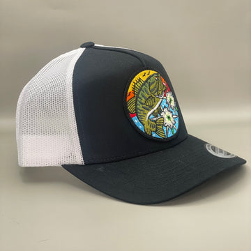 Bass with Lillies Trucker Hat  black/white retro embroidered fishing hat FREE SHIPPING