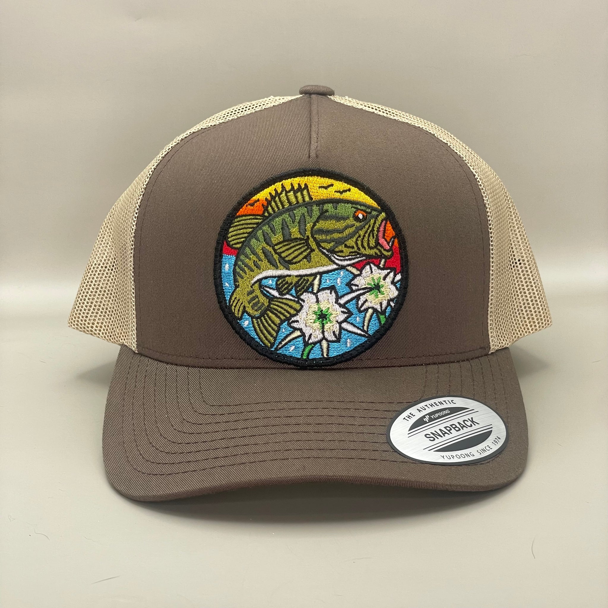 Bass with Lillies Trucker Hat mocha/khaki retro embroidered fishing hat FREE SHIPPING