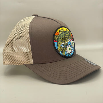Bass with Lillies Trucker Hat mocha/khaki retro embroidered fishing hat FREE SHIPPING