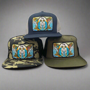 Calavera y Truchas - Surfer Flat Bill  ( Skull w/ Trout ) Trucker Hat Olive/Black, Navy/Silver, Forest Camo