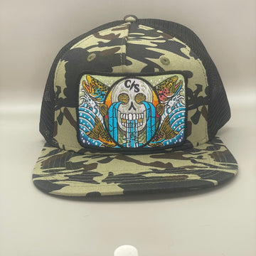 Calavera y Truchas - Surfer Flat Bill  ( Skull w/ Trout ) Trucker Hat Olive/Black, Navy/Silver, Forest Camo