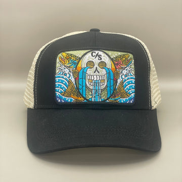 Calavera y Truchas ECOnscious  (Skull with Trout) Recycled Trucker Hat  embroidered patch fishing hat FREE SHIPPING