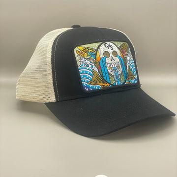 Calavera y Truchas ECOnscious  (Skull with Trout) Recycled Trucker Hat  embroidered patch fishing hat FREE SHIPPING