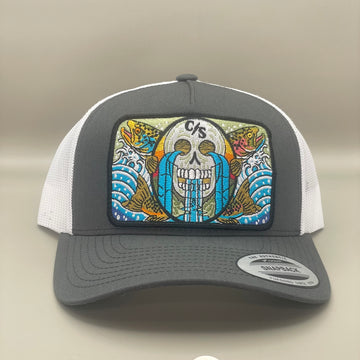 Calavera y Truchas  (Skull w Trout)Trucker Hat  retro embroidered fishing hat FREE SHIPPING