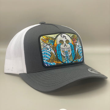 Calavera y Truchas  (Skull w Trout)Trucker Hat  retro embroidered fishing hat FREE SHIPPING