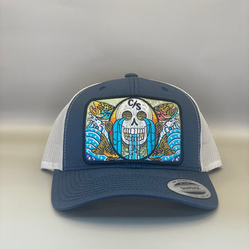 Calavera y Truchas (Skull w Trout) retro Classic Trucker embroidered fishing hat FREE SHIPPING