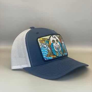 Calavera y Truchas (Skull w Trout) retro Classic Trucker embroidered fishing hat FREE SHIPPING